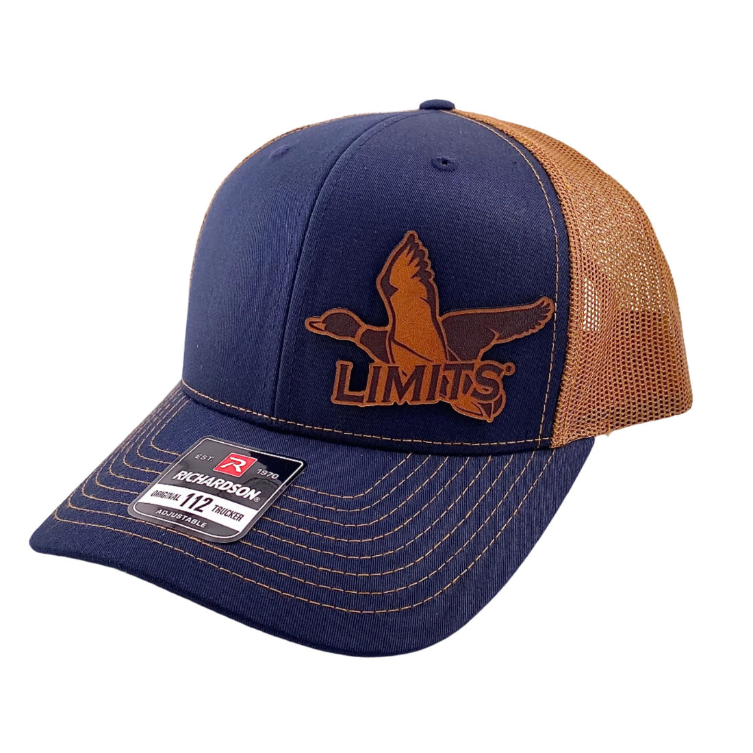 Navy and Caramel Richardson 112 Leather patch hat with the words Limits overlaying on a Mallard Duck image.