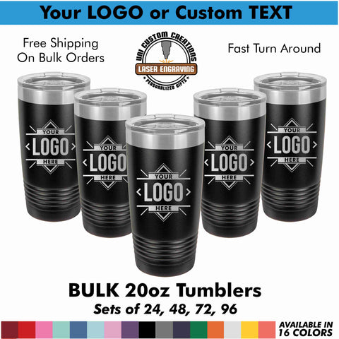 Bulk Black 20oz polar camel. Bottom row shows all our tumbler color options
