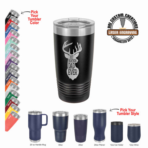 Black 20oz polar camel. left side shows all our tumbler color options and the bottom row shows our tumbler sizes and styles