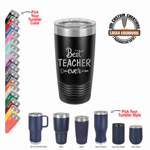 Black 20oz polar camel. left side shows all our tumbler color options and the bottom row shows our tumbler sizes and styles