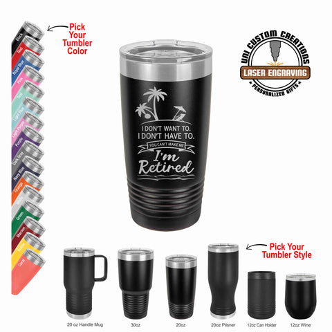 Black 20oz polar camel. left side shows all our tumbler color options and the bottom row shows our tumbler sizes and styles