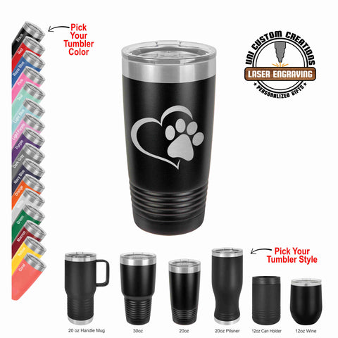 Black 20oz polar camel. left side shows all our tumbler color options and the bottom row shows our tumbler sizes and styles