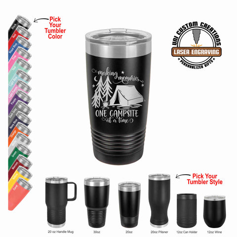 Black 20oz polar camel. left side shows all our tumbler color options and the bottom row shows our tumbler sizes and styles