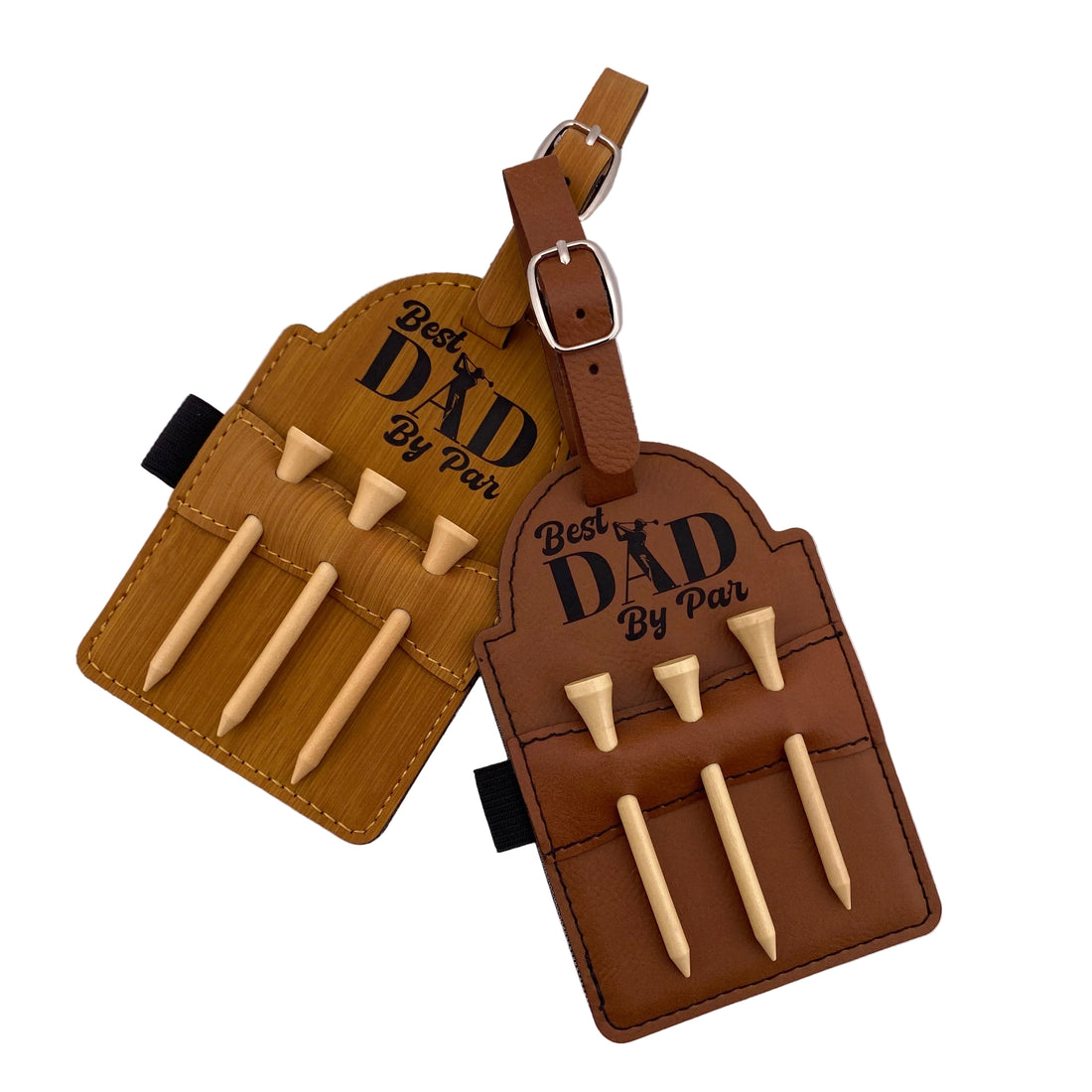 Brown leather golf bag with golf tees on a white background