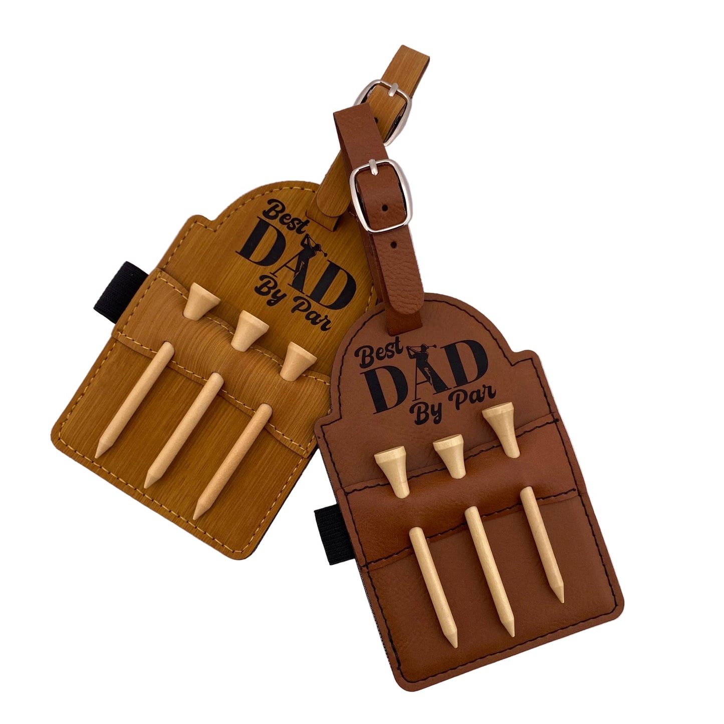 Brown leather golf bag with golf tees on a white background