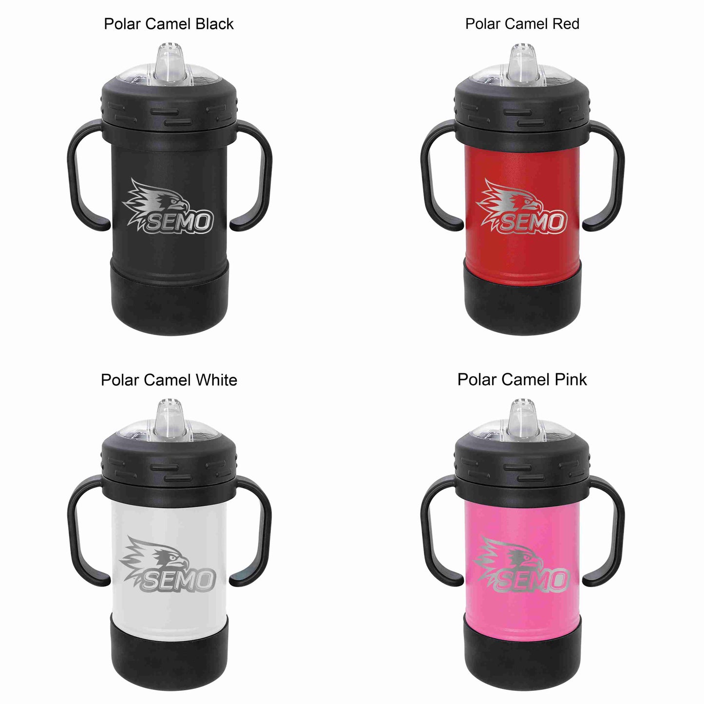 10oz SEMO stainless steel sippy tumbler with a clear silicone boot and a removable handle. Top Row Right to left: Black, Red. Bottom Row Left to right: White &  Pink. 