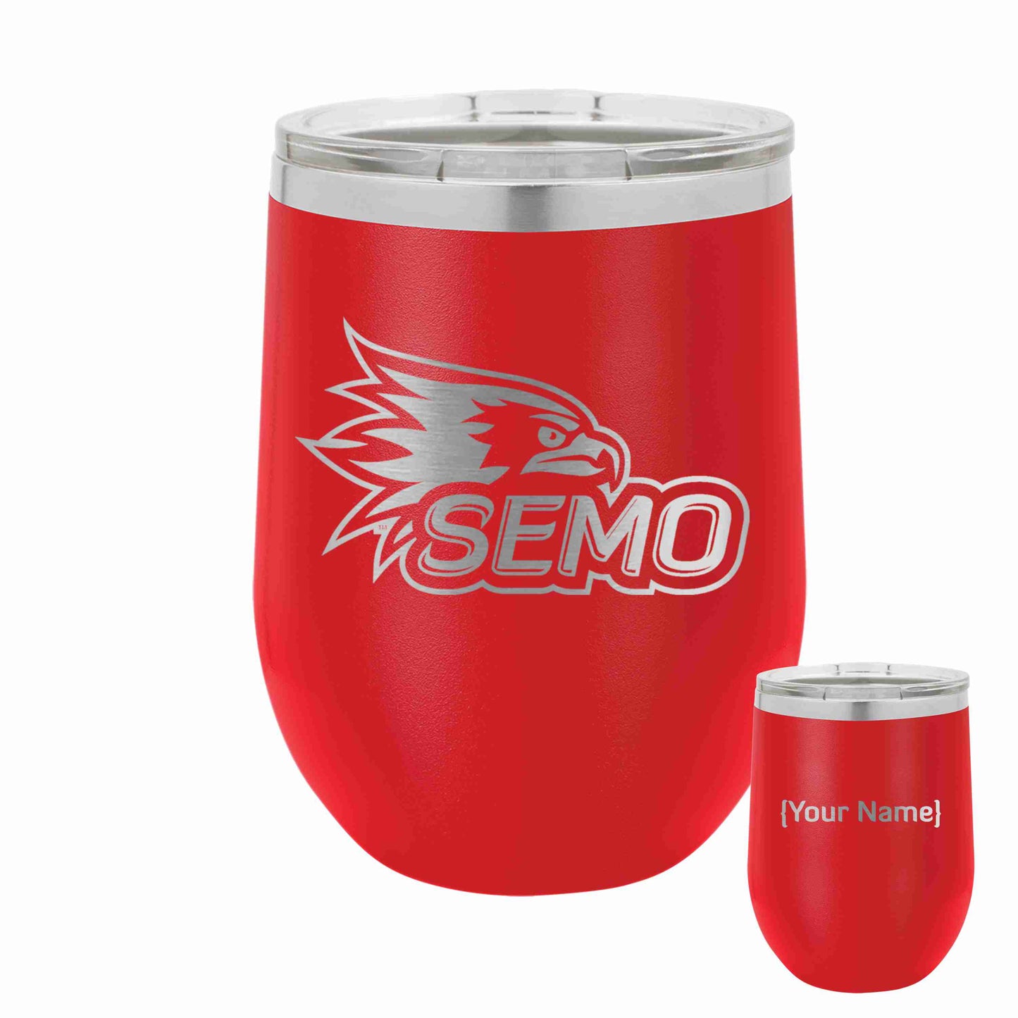 A red stainless steel tumbler with a clear lid, featuring a laser engraved SEMO logo with a redhawk, and the option to customize with a name.