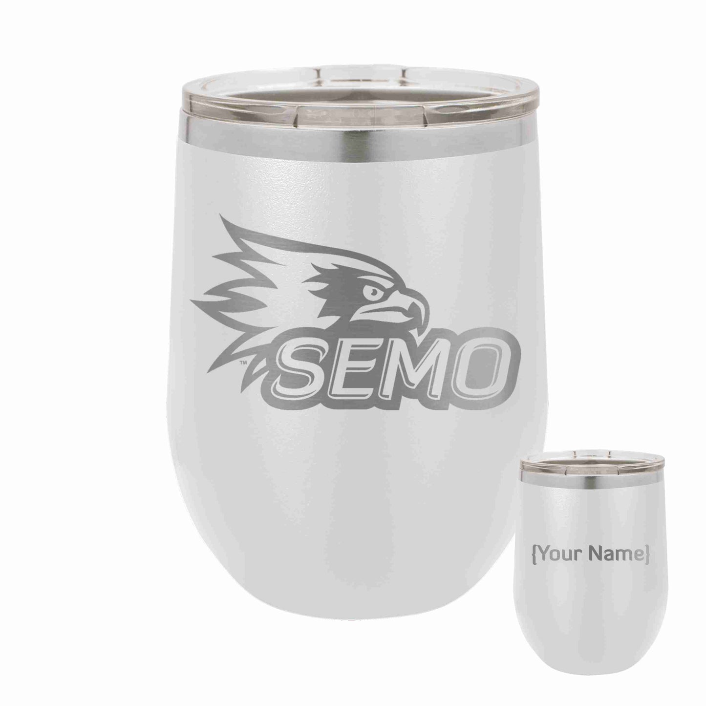 A White stainless steel tumbler with a clear lid, featuring a laser engraved SEMO logo with a redhawk, and the option to customize with a name.