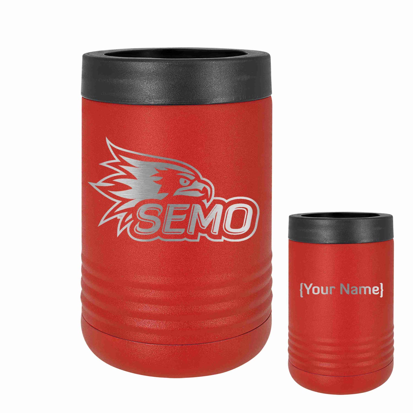 A red stainless steel SEMO polar camel 12oz can/bottle holder with the SEMO logo engraved on the side, and a customization option for adding a name.