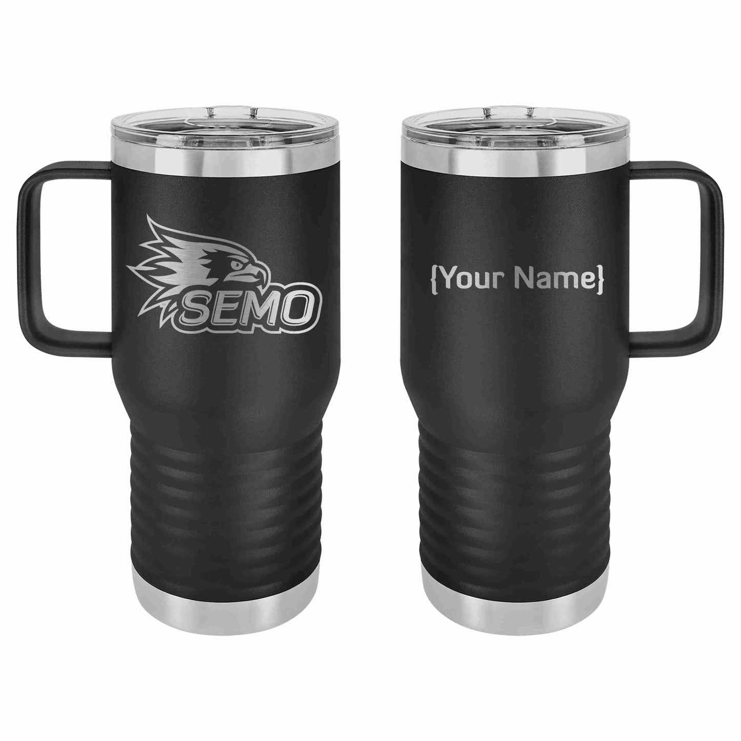Two black stainless steel tumblers with 'SEMO' and a redhawk logo, featuring a clear slider lid on top.