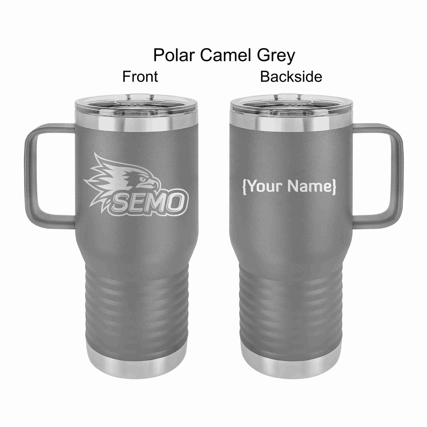 Two Gray stainless steel tumblers with 'SEMO' and a redhawk logo, featuring a clear slider lid on top.