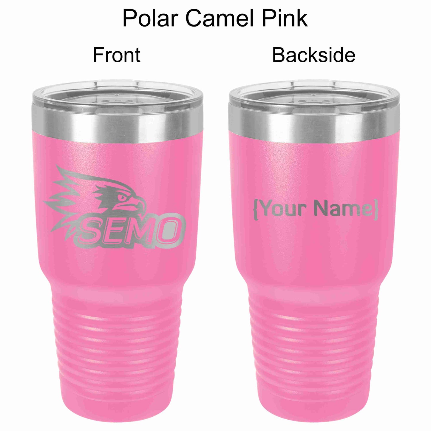 A 30oz stainless steel tumbler with a clear lid, featuring laser engraved SEMO logo, designed to keep drinks hot or cold.