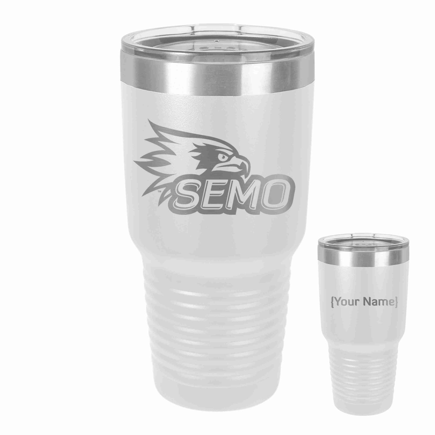 A 30oz stainless steel tumbler with a clear lid, featuring laser engraved SEMO logo, designed to keep drinks hot or cold.