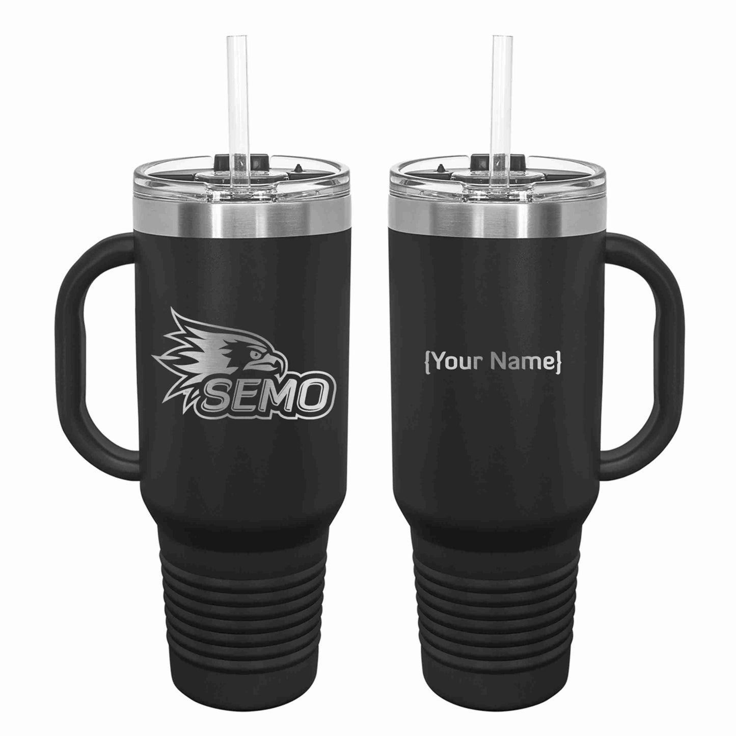 Two Black stainless steel tumblers with clear snap close lids and straws, one with a printed SEMO logo, the other with a placeholder for a custom name.
