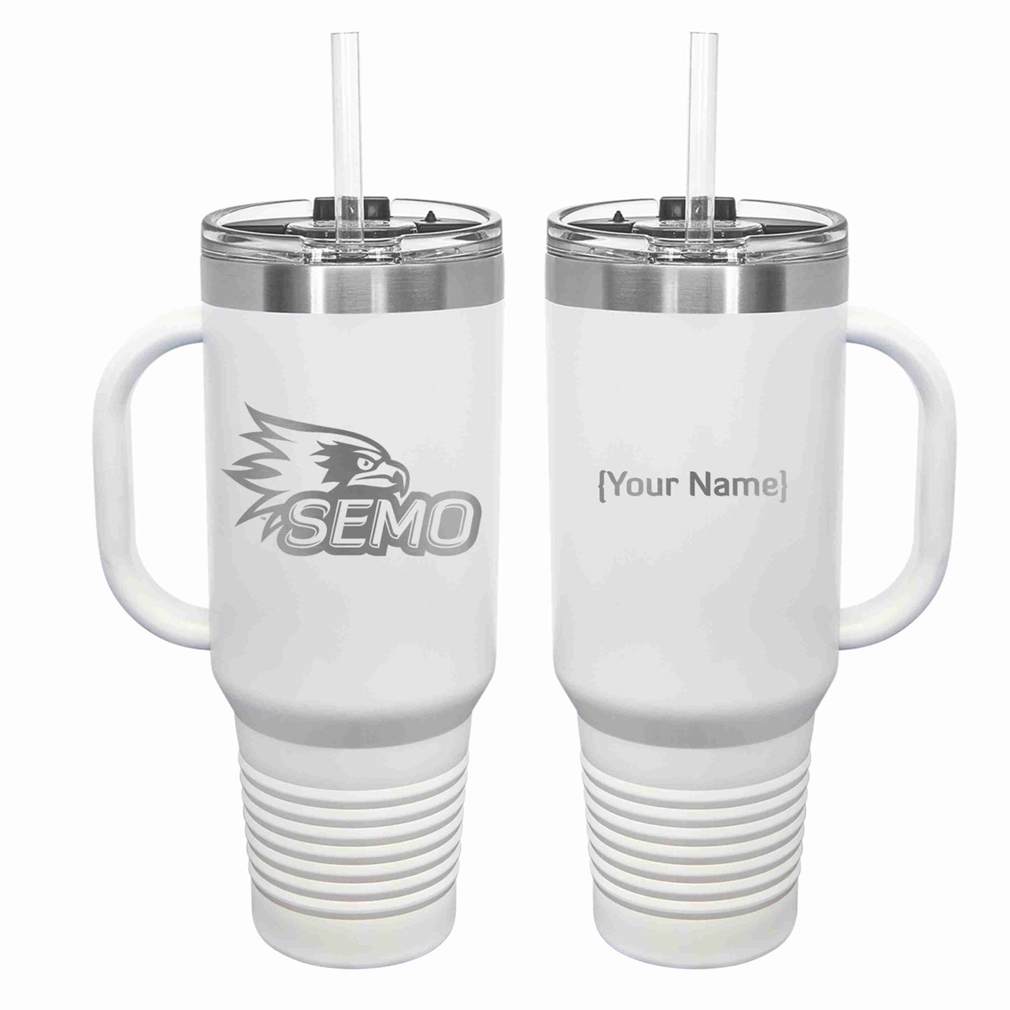Two white stainless steel tumblers with clear snap close lids and straws, one with a printed SEMO logo, the other with a placeholder for a custom name.