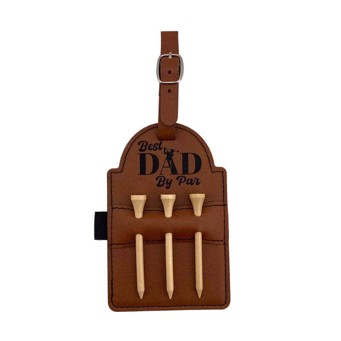 Brown leather luggage tag with golf-themed design on a white background