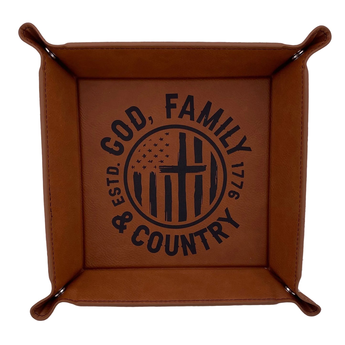 Brown leather tray with 'God, Family & Country' text and design on a white background