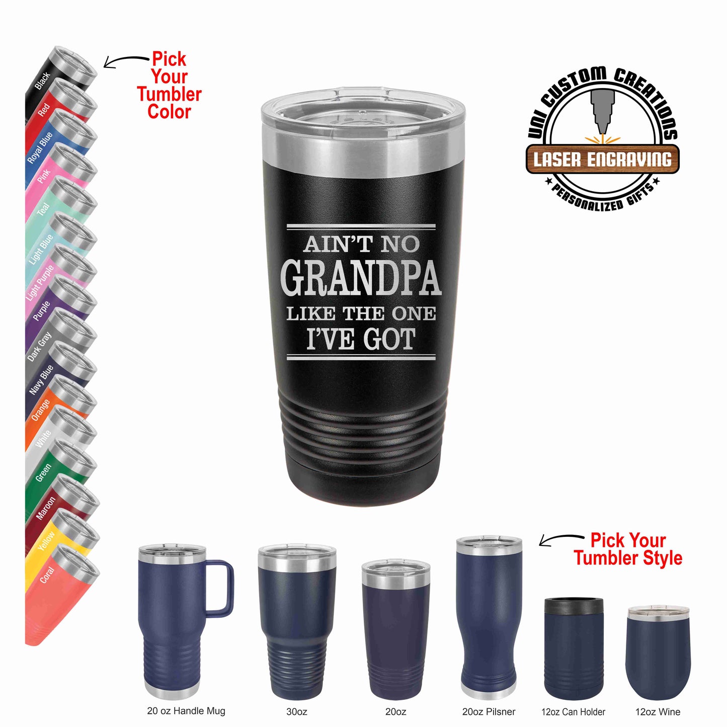 A collection of Polar Camel tumblers in various colors, each with a laser-engraved grandpa-themed design on the side. The image also shows a 20oz tumbler with a stainless steel appearance under the powder coating, a clear lid, and indicates the product's durability and double-wall vacuum insulation.