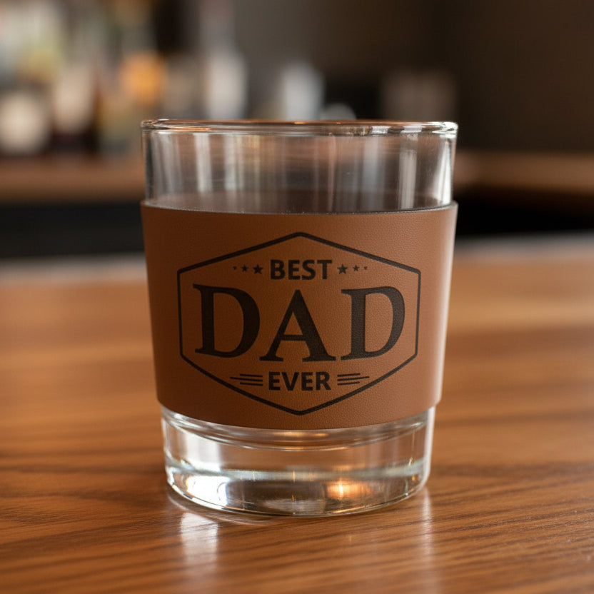 Clear glass with a brown sleeve that says 'Best Dad Ever' on a white background