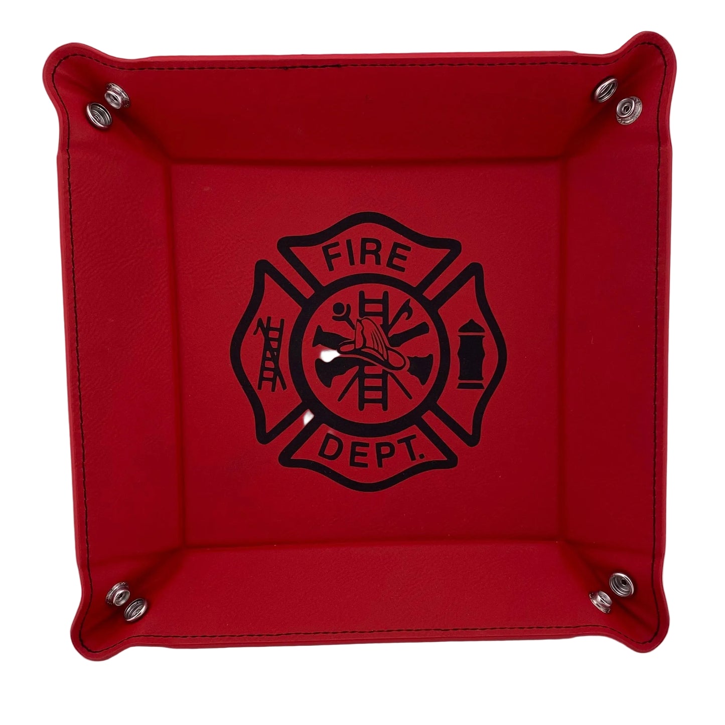 Red tray with a black fire department logo on a white background