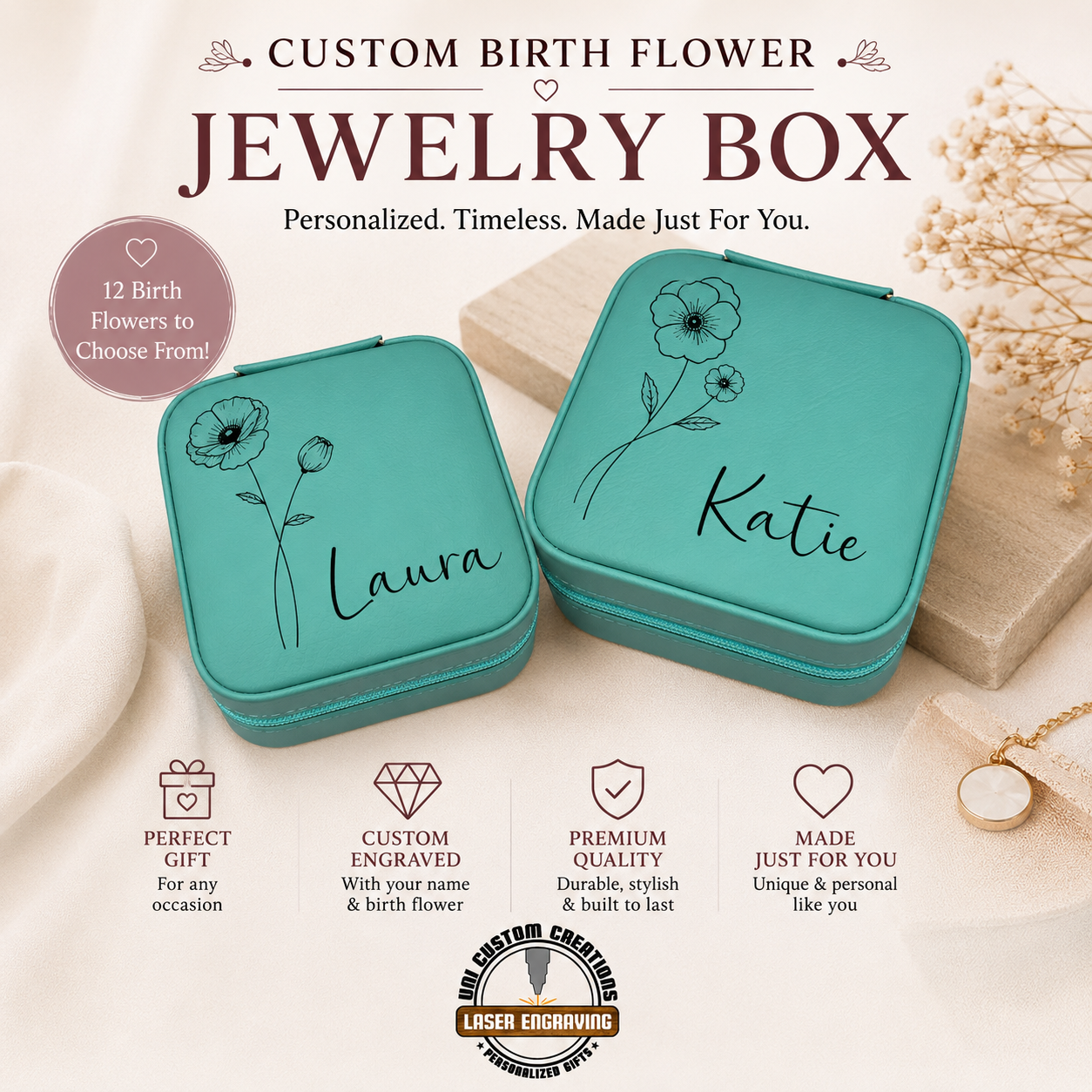 Personalized birth flower jewelry box engraved with a custom name. Square vegan leather travel jewelry case with zipper closure, available in multiple colors and custom laser engraved for birthdays, bridesmaids, Mother's Day, and personalized gifts.