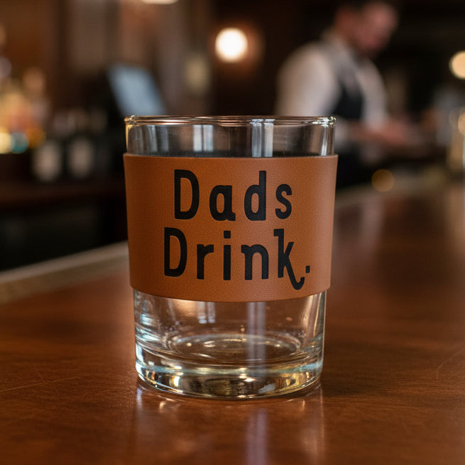 Clear glass with a brown leather strap labeled 'Dad's Drink' on a white background