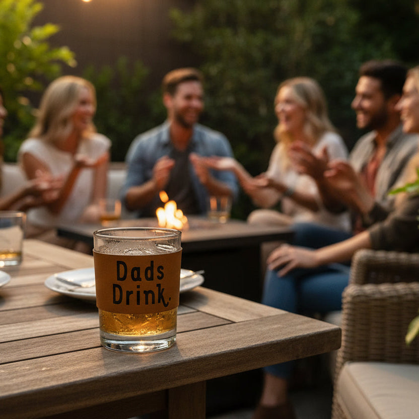 Clear glass tumbler with a brown leather wrap and 'Dad's Drink' text on a white background