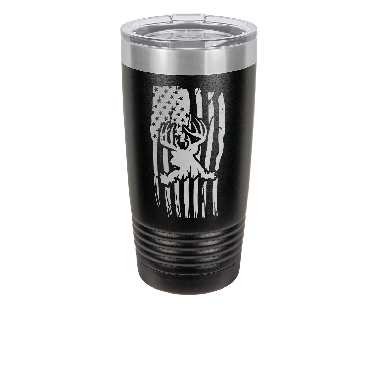 20oz Black Tumbler with image of vertical flag with deer image in middle