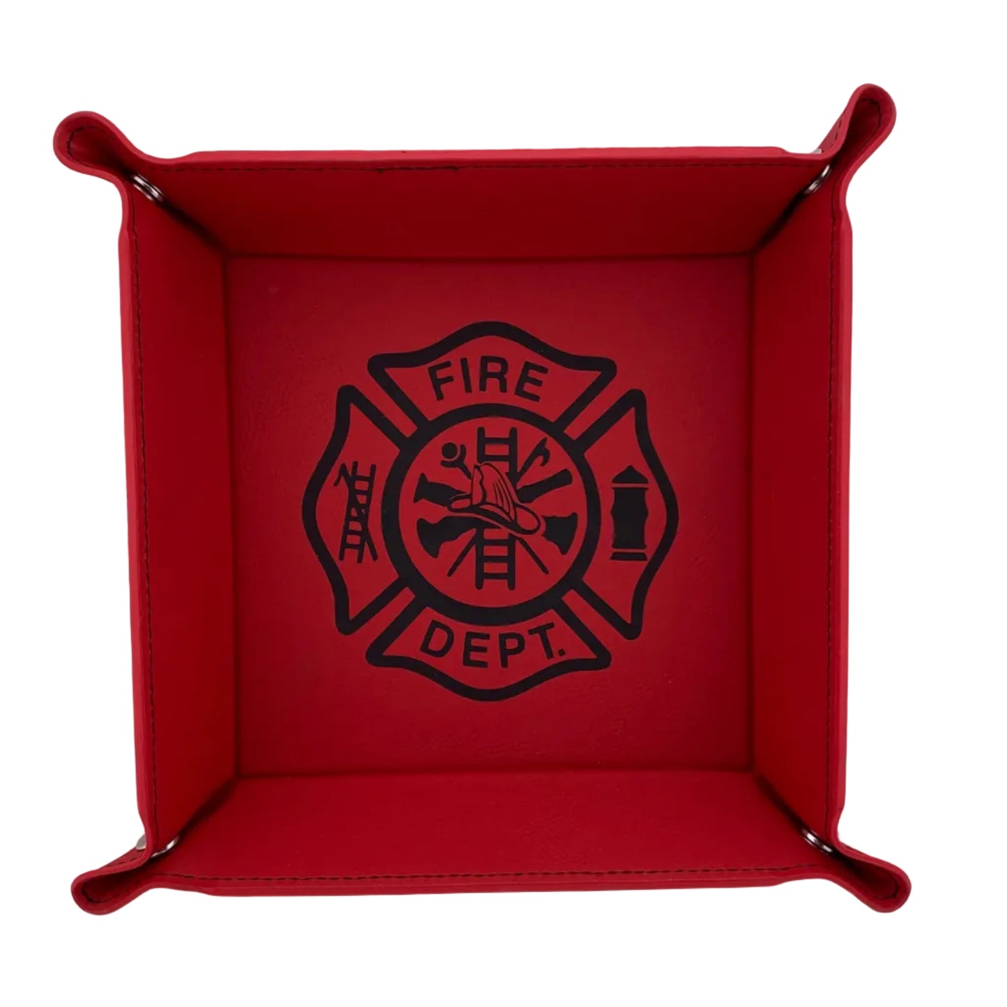 Red square tray with a fire department logo on a white background
