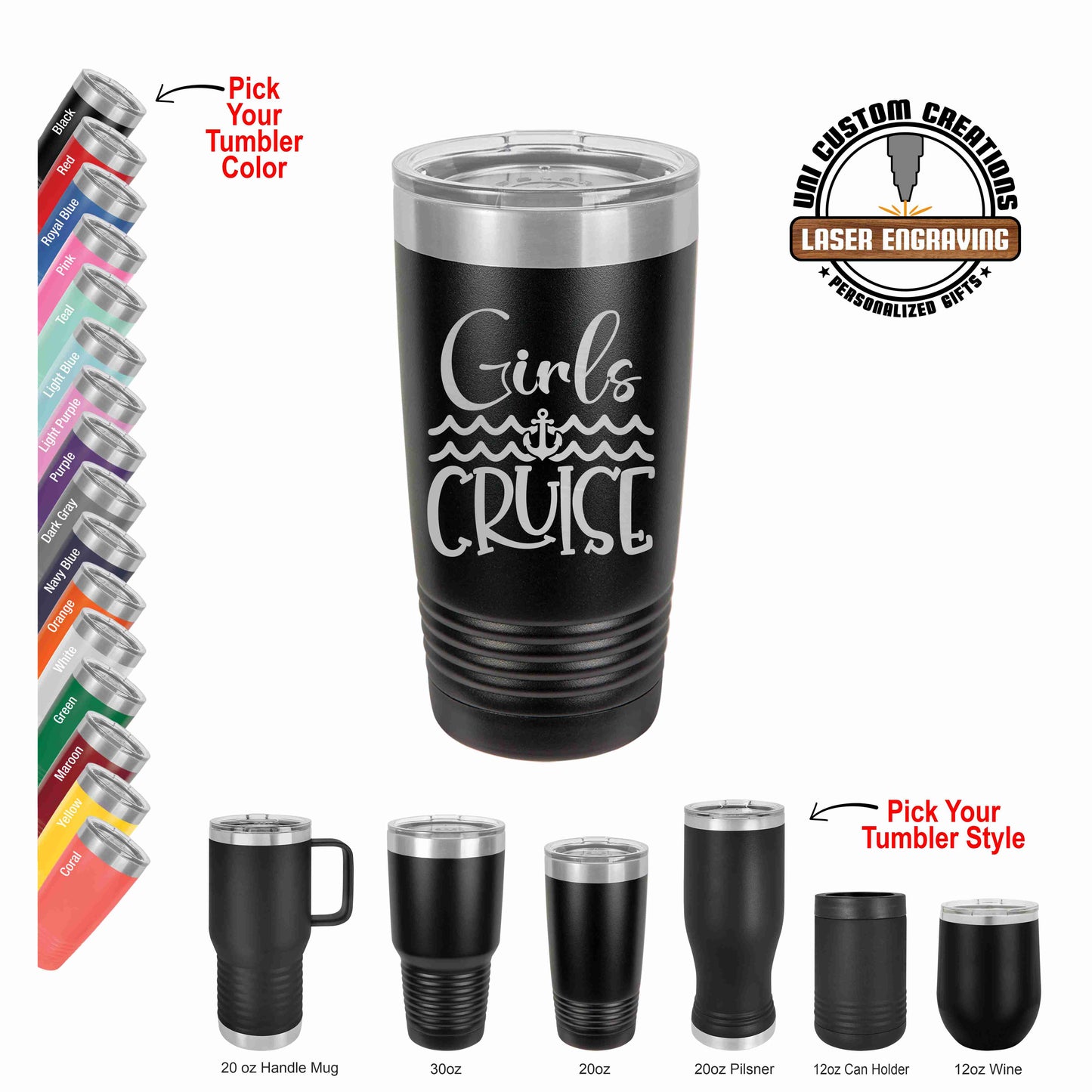 A collection of black stainless steel tumblers with laser-engraved text and a clear lid, showcasing different sizes and styles, with an option to pick color and tumblers with different handling features.