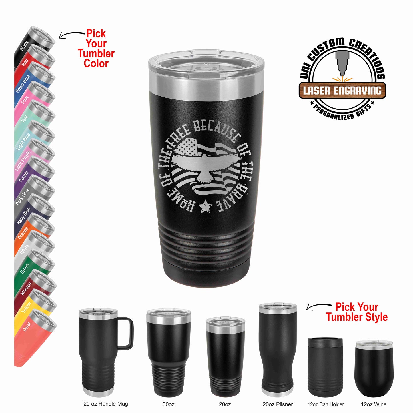 A black polar camel tumbler with a clear lid, featuring laser-engraved text and graphics on the side. Image shows tumbler in various colors, with a straw hole, and text indicating features like being double-wall vacuum insulated, BPA and lead free, and having a 20oz capacity.
