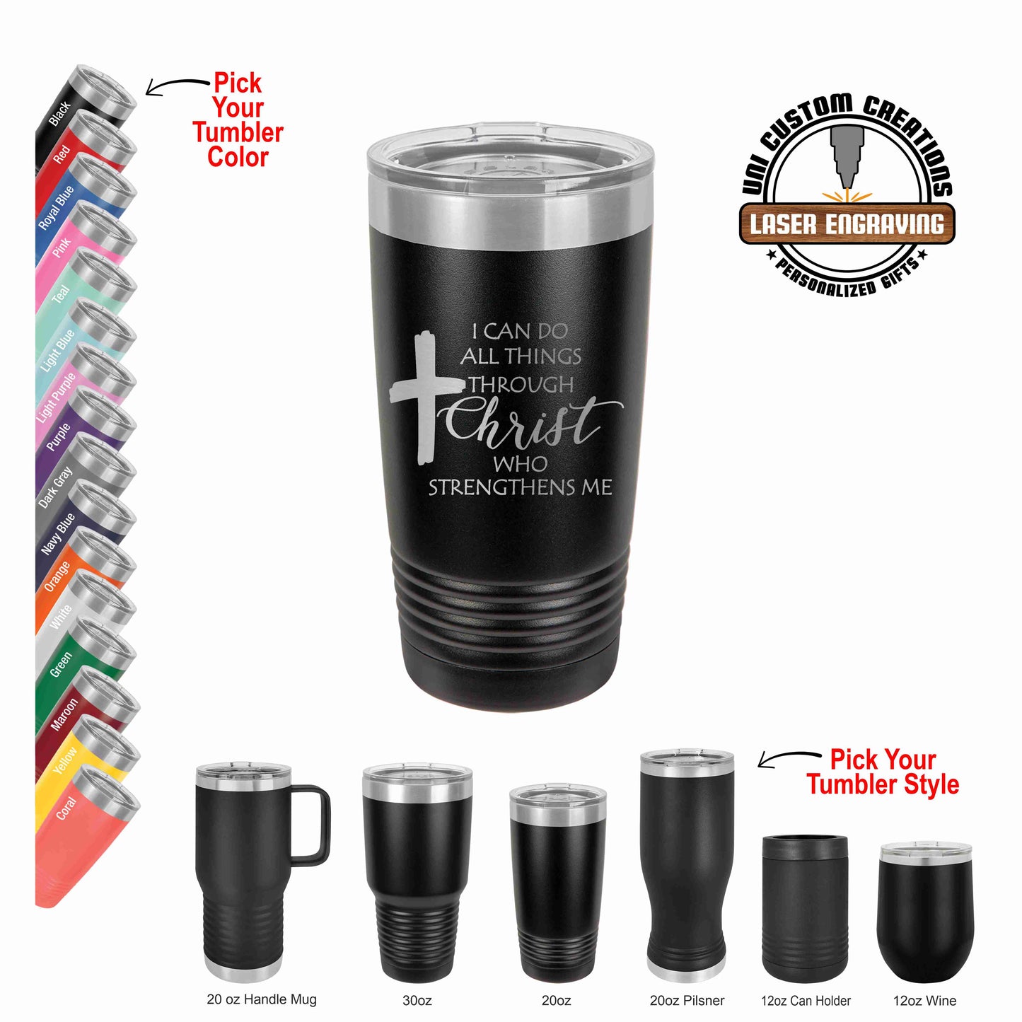 A collection of black Polar Camel tumblers in different sizes, with a 'I Can do all things through Christ who strengthens me' text design, accompanied by a clear lid, displayed with colorful text indicating various tumbler sizes and lids.
