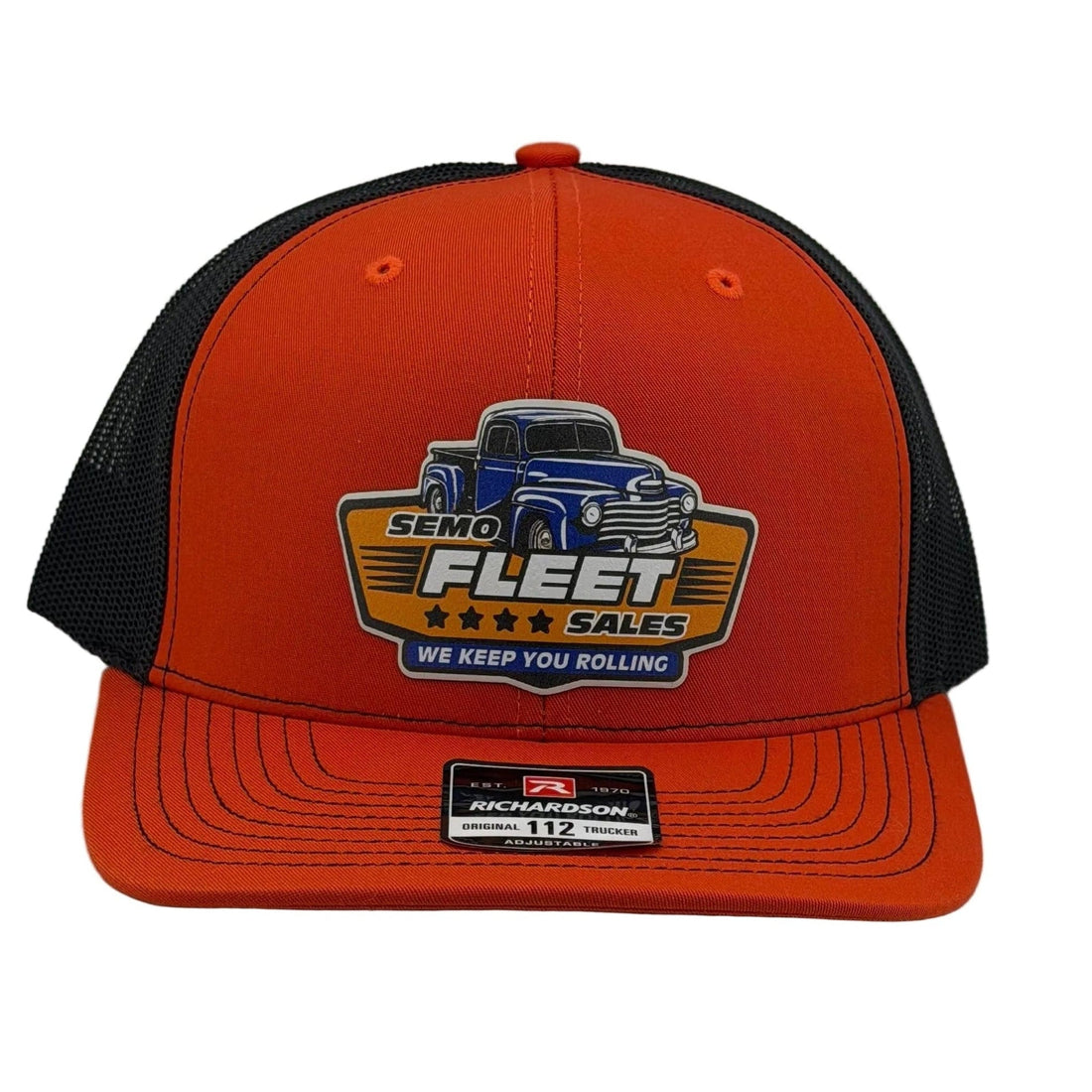 Orange and black cap with a logo on a white background