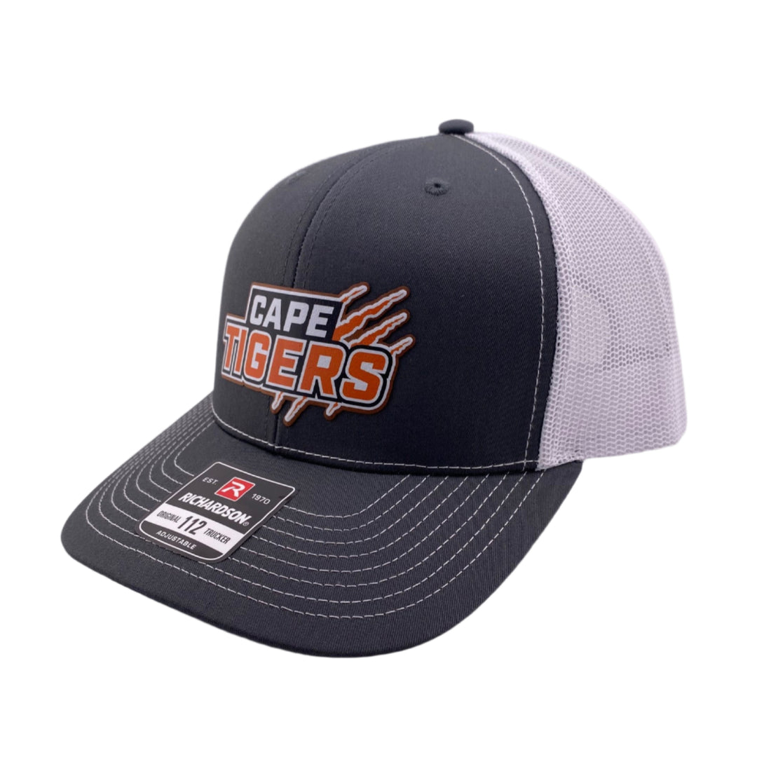 Black and gray cap with 'Capes Tigers' logo on a light gray background