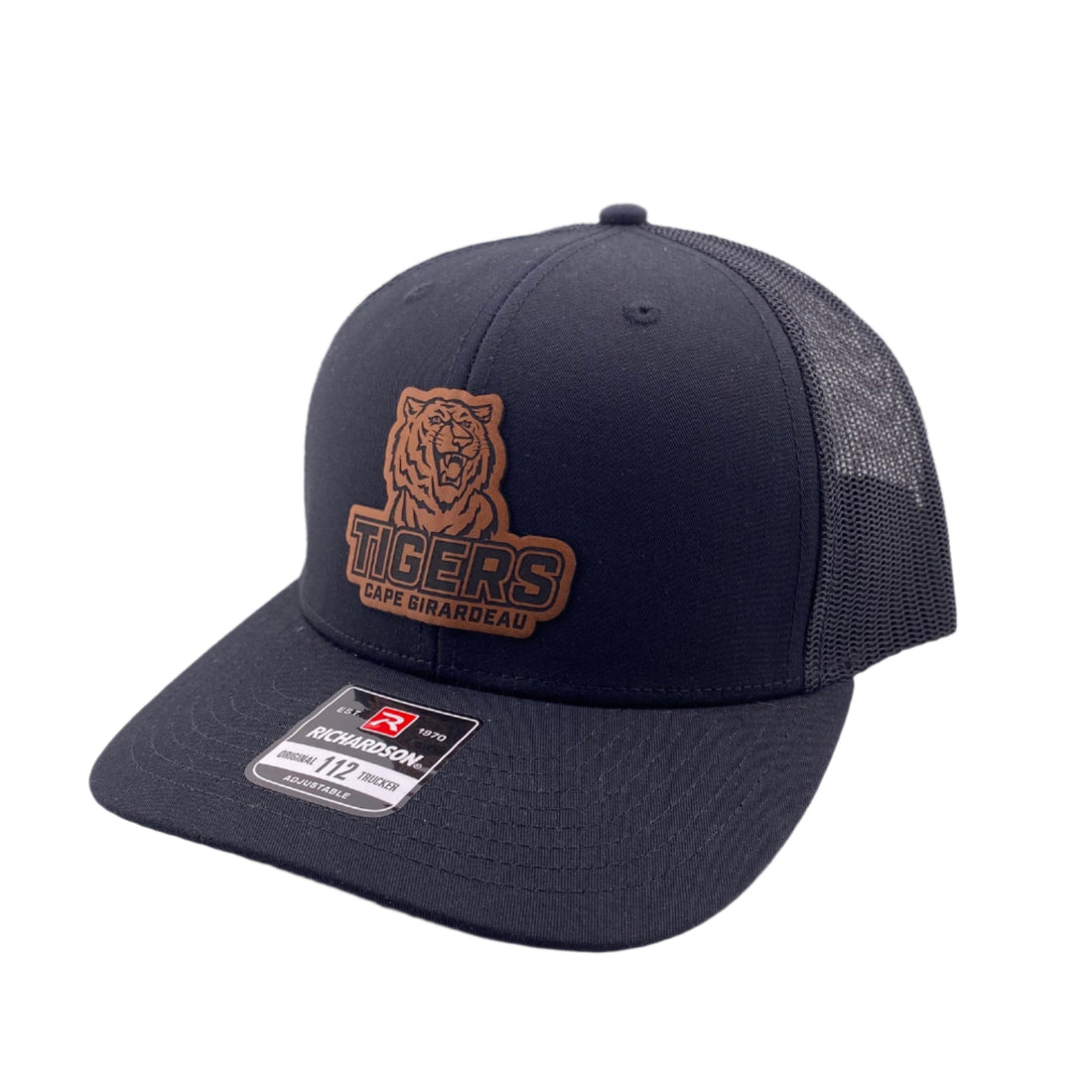 Black baseball cap with a tiger logo on a white background