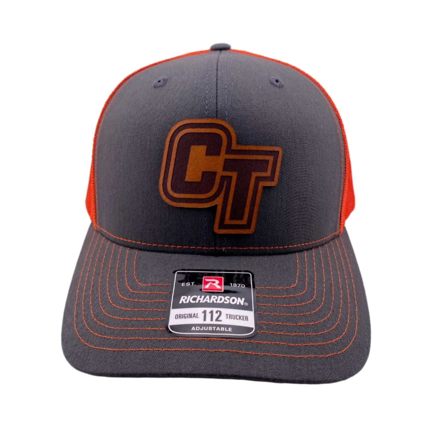 Gray and orange cap with a logo on a light gray background