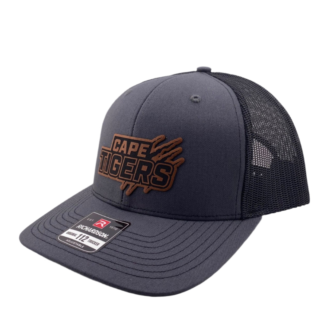 Black cap with mesh back and logo on a white background