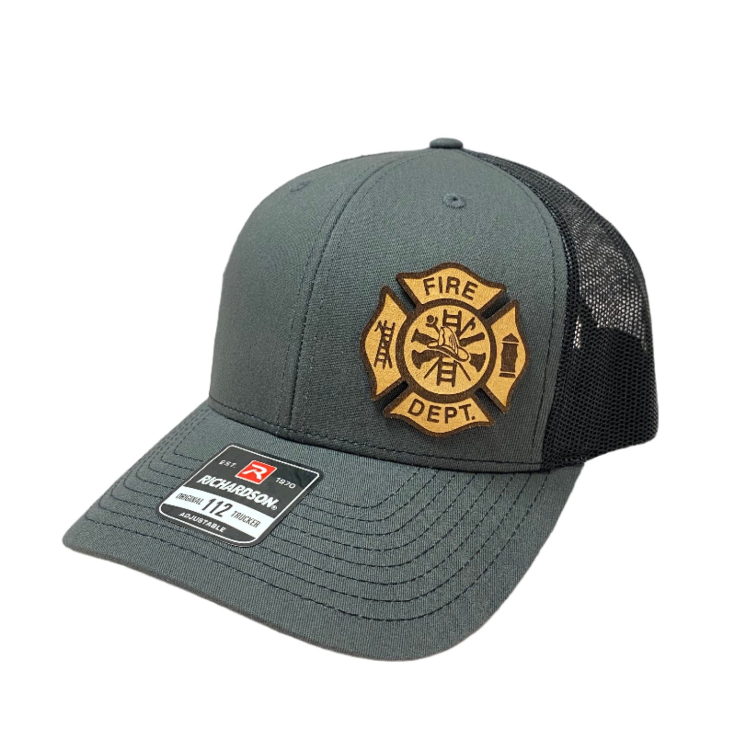 A black and gray trucker hat with a leather patch on the front featuring a fire department emblem.