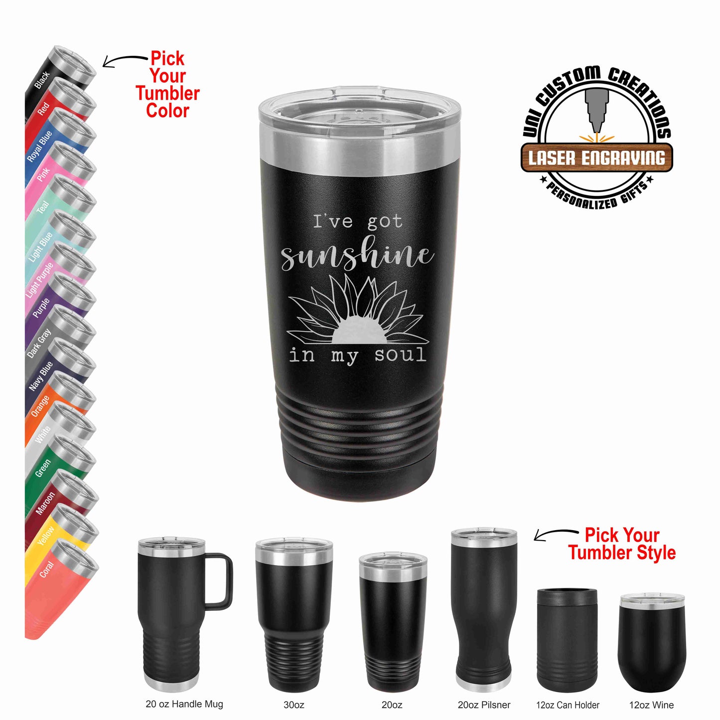 A collection of Polar Camel tumblers in various colors, each with a sunflower and text design. A 20oz hand-wash recommended tumbler is displayed prominently in the front, with others in the background showing different colors and sizes.