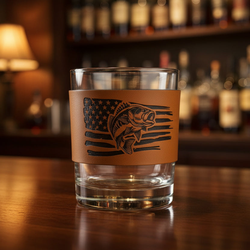 Clear glass with brown leather wrap featuring a design on a white surface.