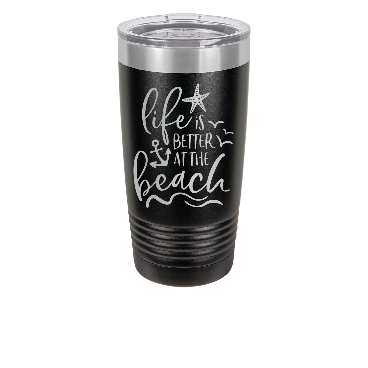 Black tumbler with 'Life is Better at the Beach' text and beach-themed graphics on a white background