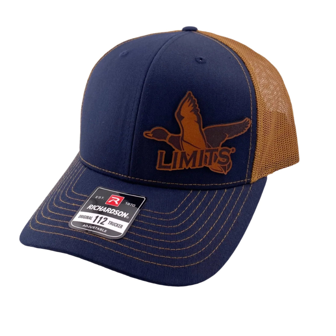 Navy and Caramel Richardson 112 Leather patch hat with the words Limits overlaying on a Mallard Duck image. 