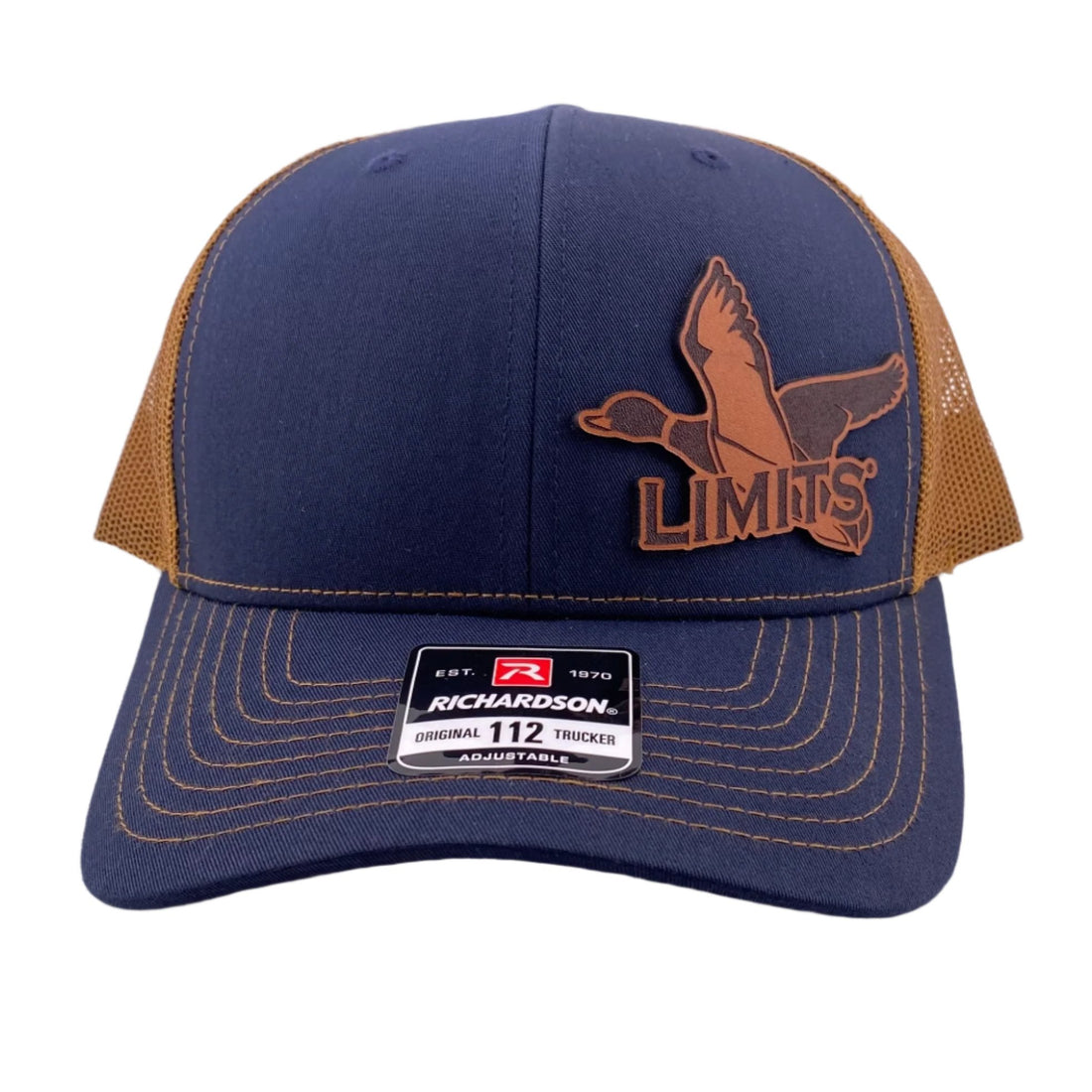 Navy and Caramel Richardson 112 Leather patch hat with the words Limits overlaying on a Mallard Duck image. 