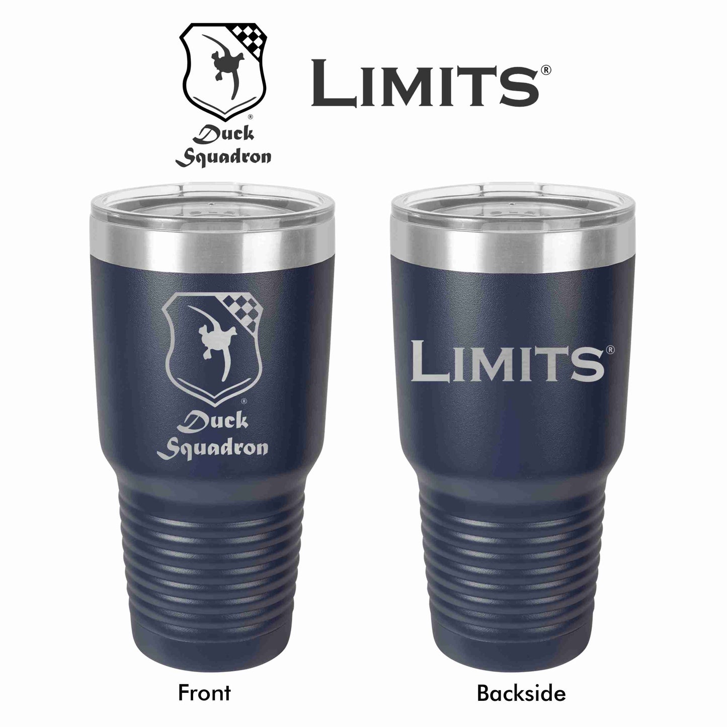 Two navy-colored Limits Duck Squadron tumblers with double-wall vacuum insulation and laser-engraved logos, one with the front view and the other with the backside view.