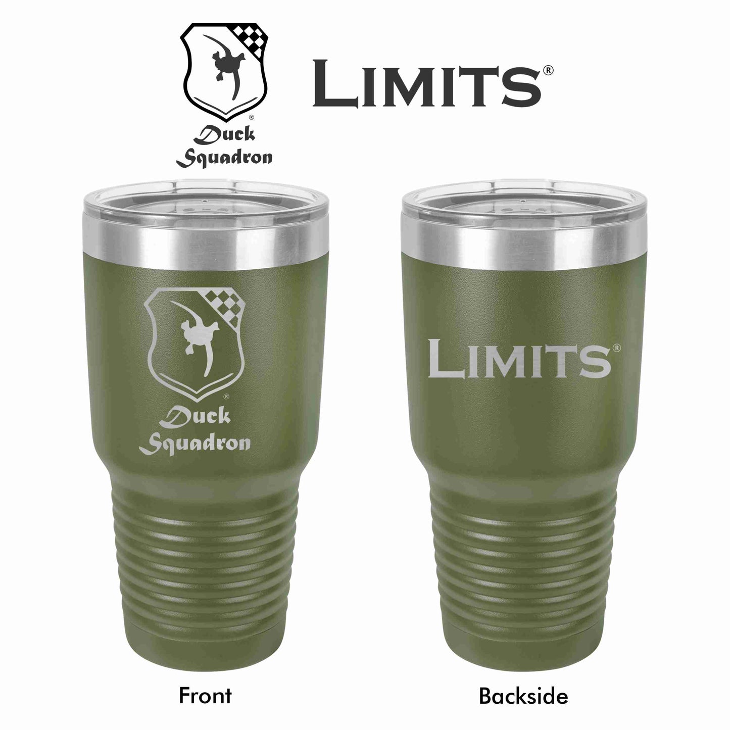 Two Olive Green -colored Limits Duck Squadron tumblers with double-wall vacuum insulation and laser-engraved logos, one with the front view and the other with the backside view.