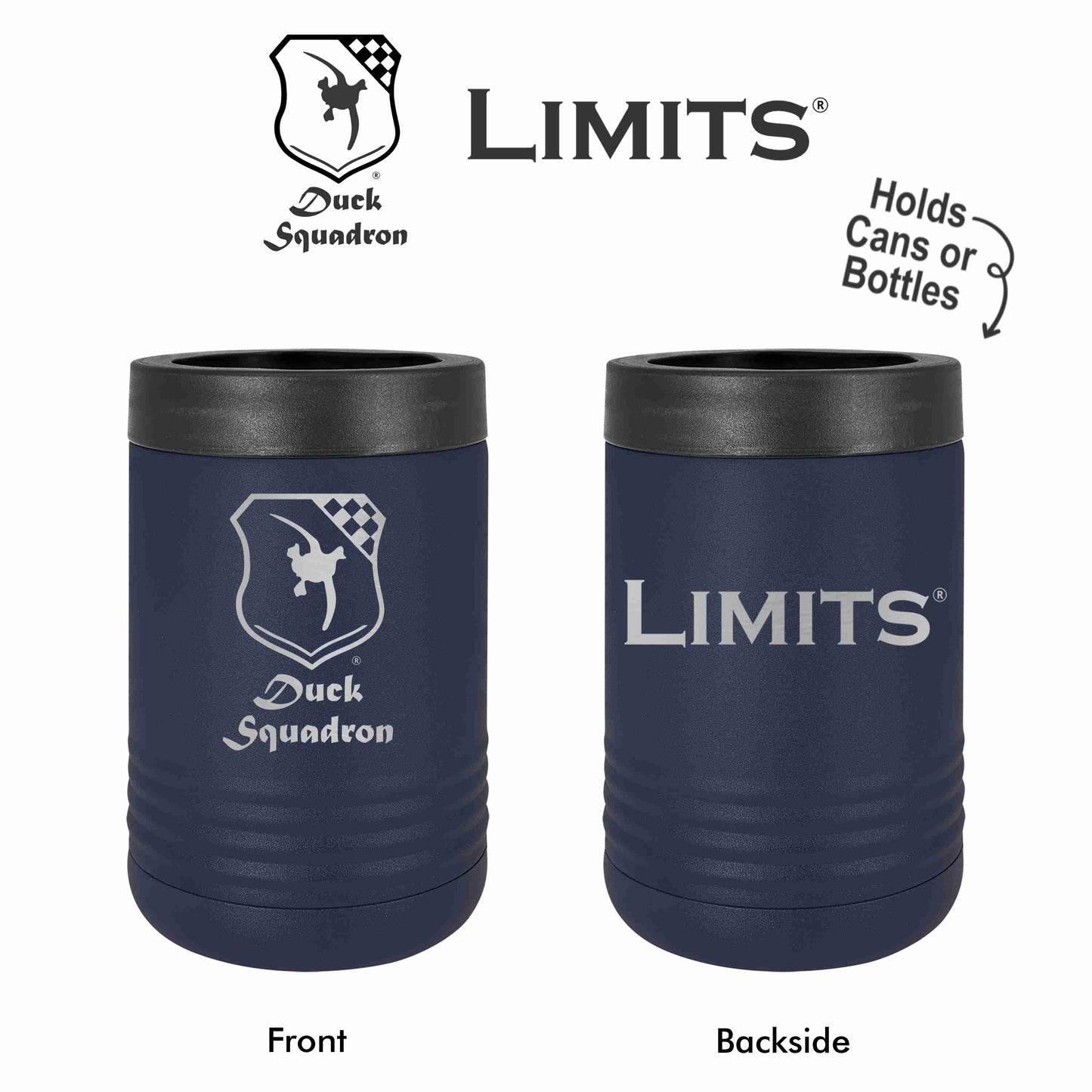 Two navy-colored stainless steel can coolers with 'DUCK SQUADRON' and 'LIMITS' logos on the front and back, designed to hold cans or bottles.