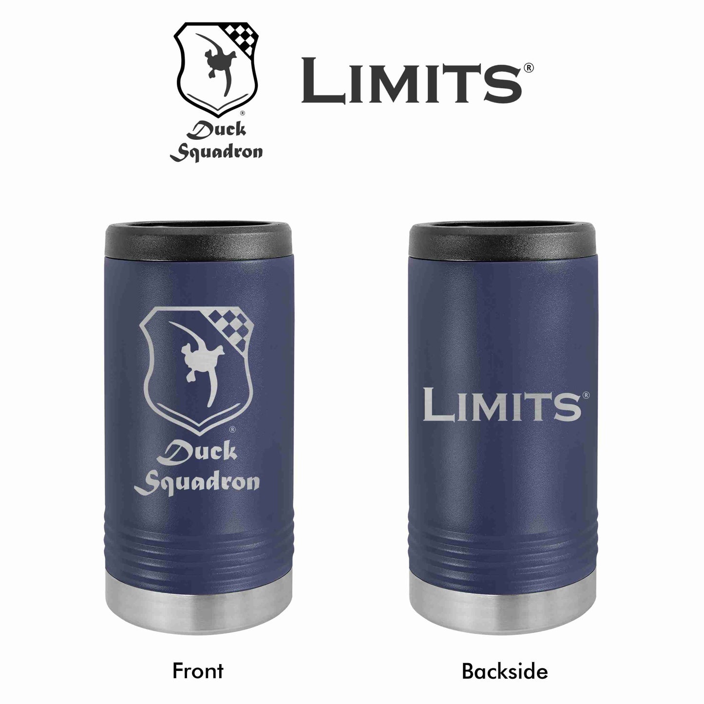 Two navy blue insulated stainless steel can holders with 'DUCK SQUADRON' and 'LIMITS' logos on the front and back, designed for holding slim cans.