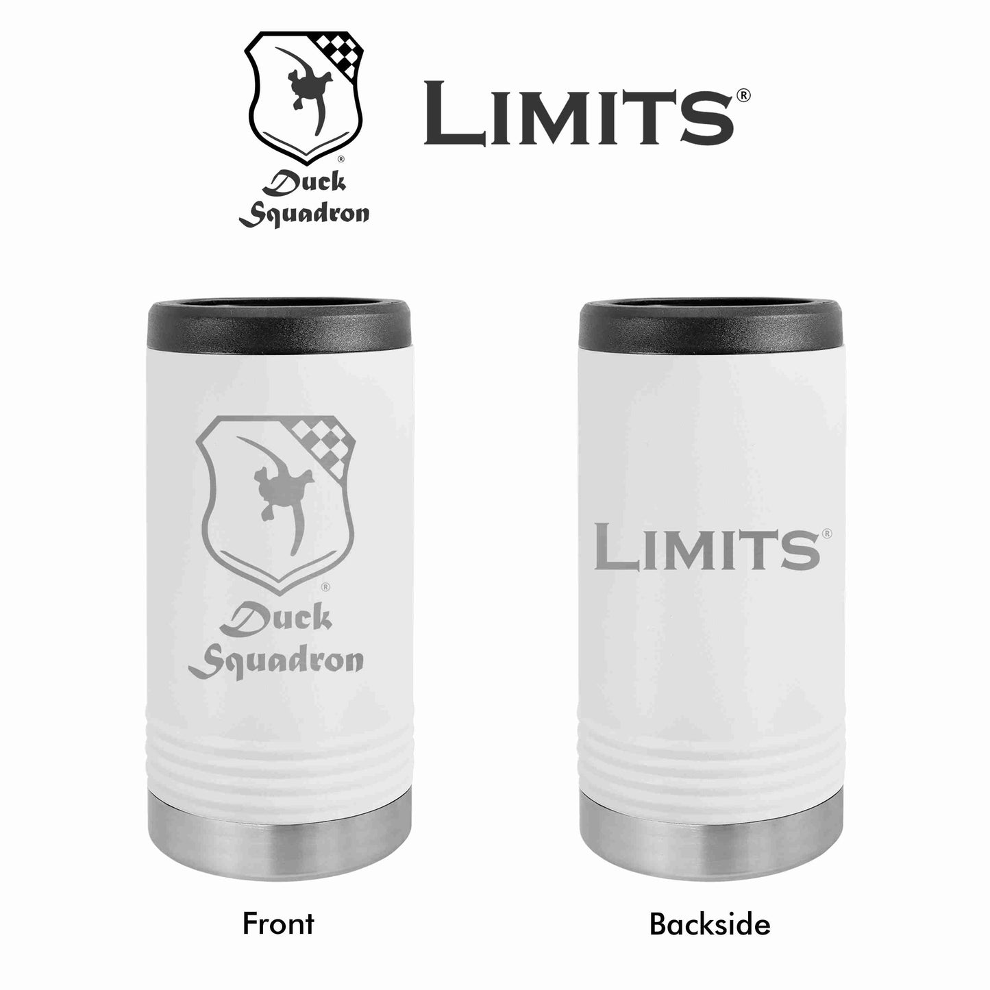 Two white insulated stainless steel can holders with engraved logos of Duck Squadron and Limits on the front and back, indicating the design is laser-engraved for durability.