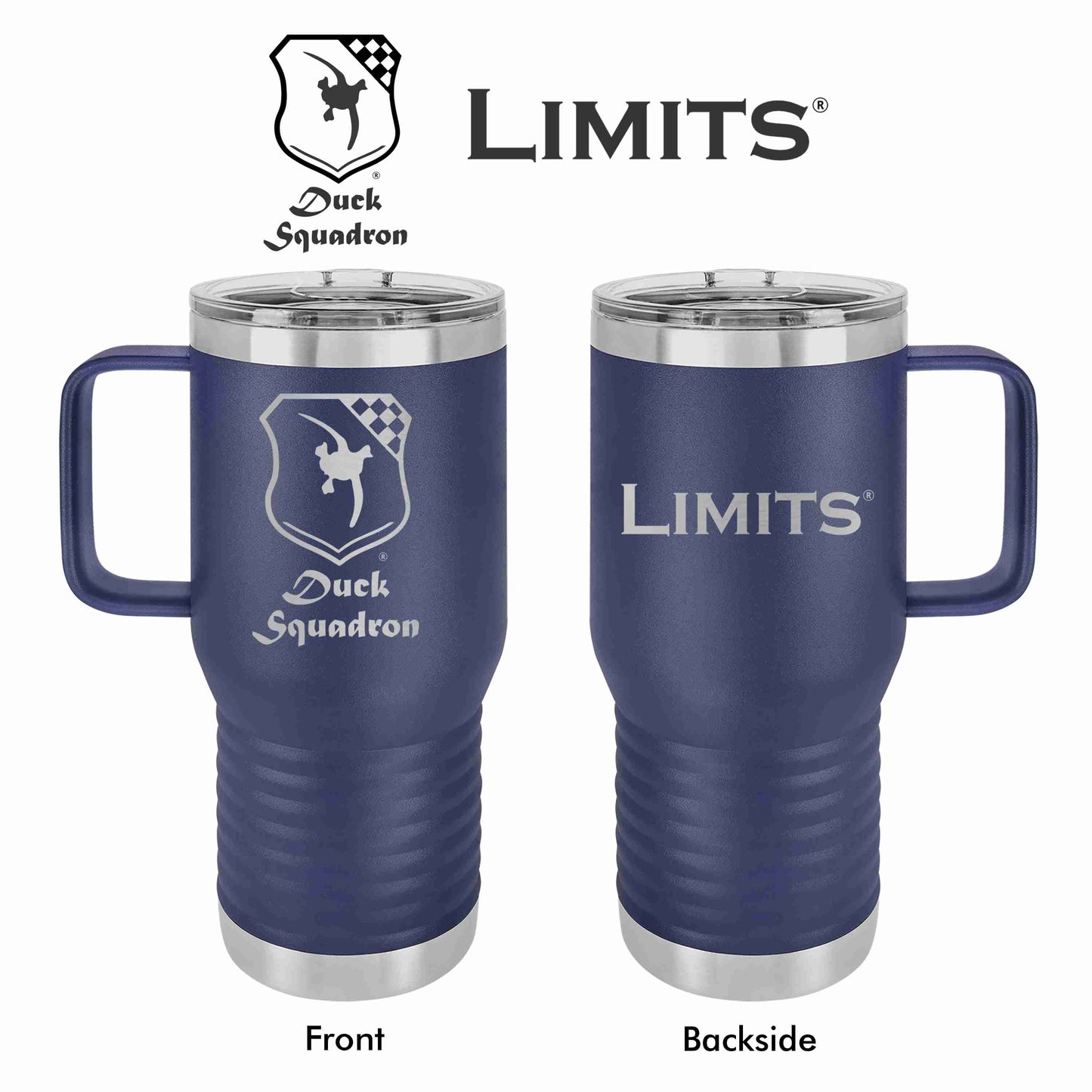 Two Navy 20oz stainless steel tumblers with engraved logos of Duck Squadron and Limits, one shown from the front and the other from the back.