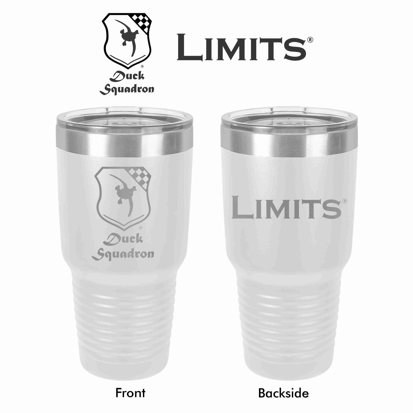 Two White -colored Limits Duck Squadron tumblers with double-wall vacuum insulation and laser-engraved logos, one with the front view and the other with the backside view.